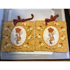 1970s Era Holly Hobbie vibe Potholder / wall hanging set brown, yellow